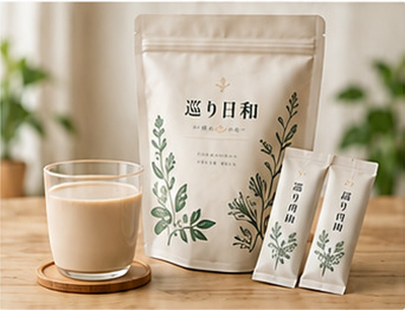 巡り日和の商品袋と個包装、温かい飲み物